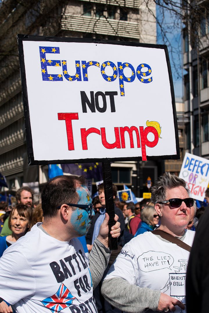 London, UK. 25th March 2017. EDITORIAL - Thousands gather for the UNITE FOR EUROPE rally, through central London, in protest against the British governments' BREXIT from the European Union.