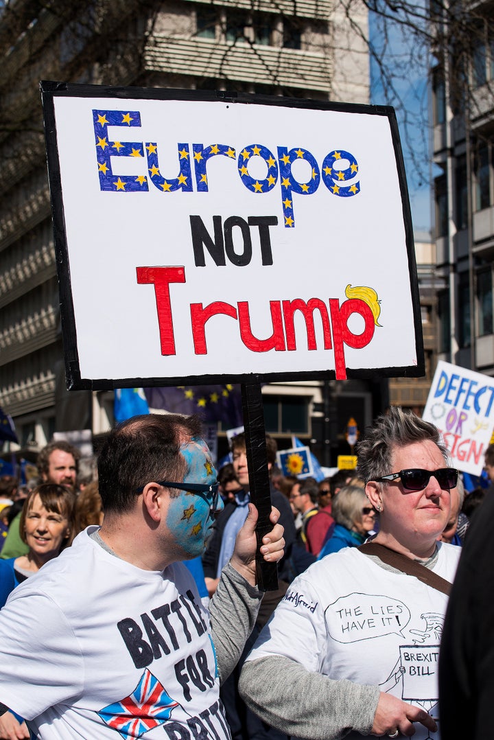 <p>London, UK. 25th March 2017. EDITORIAL - Thousands gather for the UNITE FOR EUROPE rally, through central London, in protest against the British governments' BREXIT from the European Union.</p>