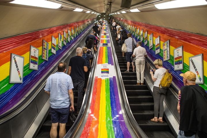 The escalators on the London Underground look more colourful than usual