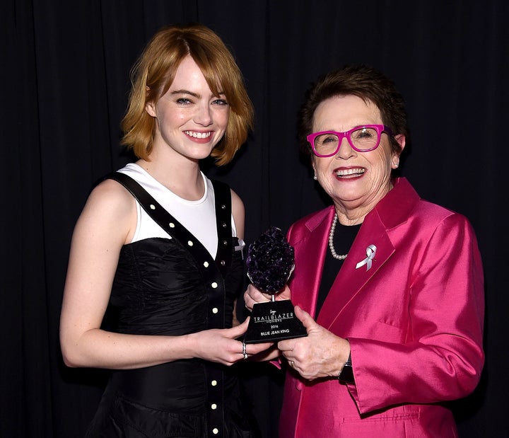 Emma Stone and Billie Jean King pose with the Trailblazer Award at the 2016 Logo's Trailblazer Honors.