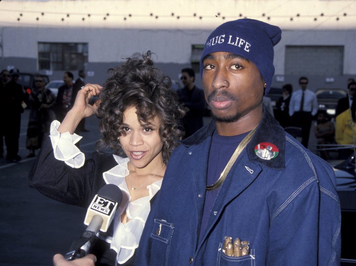 Rosie Perez and Tupac Shakur attend the 1993 Soul Train Music Awards. 