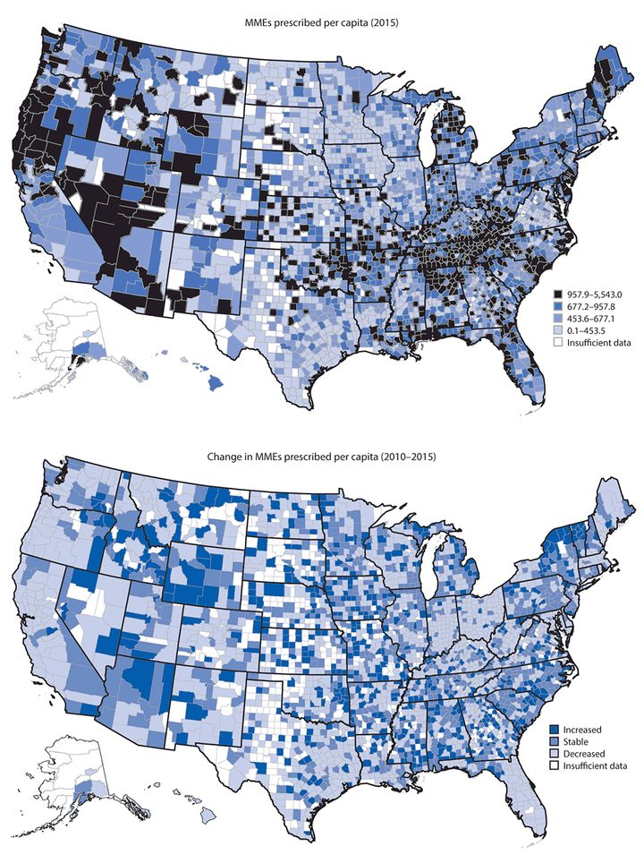 The top graph is the CDC's breakdown of opioid prescriptions in 2015 based on county data across the U.S. The bottom chart shows which counties increased, decreased remained consistent in opioid prescriptions from 2010 to 2015. Rural areas saw higher rates of opioid prescriptions, according to the report. 