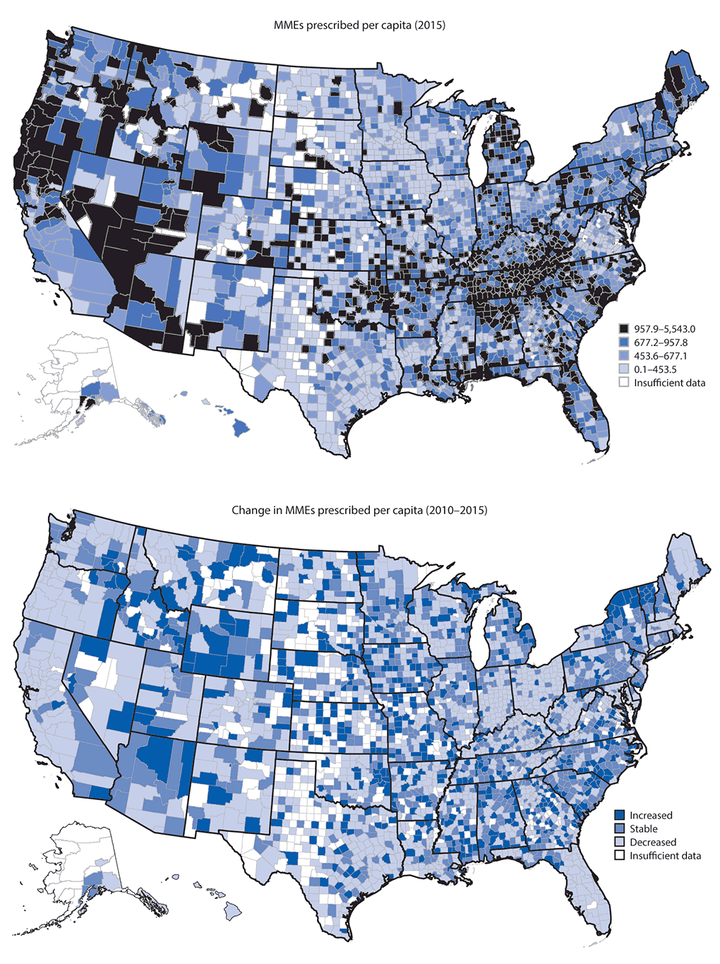 The top graph is the CDC's breakdown of opioid prescriptions in 2015 based on county data across the U.S. The bottom chart shows which counties increased, decreased remained consistent in opioid prescriptions from 2010 to 2015. Rural areas saw higher rates of opioid prescriptions, according to the report.