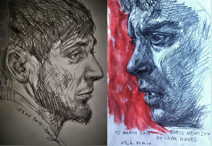 Zaur Dadaev and Boris Nemtsov. Pencil on paper, 2015-2017.