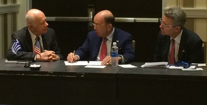 <p>Greek Economy Minister Papadimitriou, Commerce Secretary Wilbur Ross, and Ambassador Geoffrey Pyatt, June 20. </p>