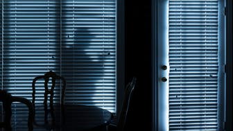 This photo illustrates a silhouette  of a burglar or thief sneeking up to back door at night. View from inside the residence.