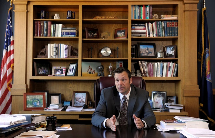 Kansas Secretary of State Kris Kobach talks about the Kansas voter ID law that he pushed to combat what he believes to be rampant voter fraud in the United States in his Topeka, Kansas, office May 12, 2016. 