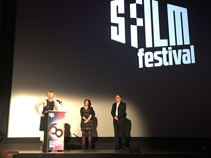 Elisabeth Holm, introducing, “Landline,” Opening Night of SFFILM Festival, Rachel Rosen, SFFILM Director of Programming, and Noah Cowan, SFFILM Executive Director