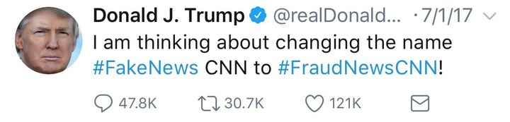 This Tweet, posted to the @realDonaldTrump Twitter account, illustrates the President’s ire toward CNN, the cable news network that was depicted as the “victim” in the aforementioned fabricated video. 