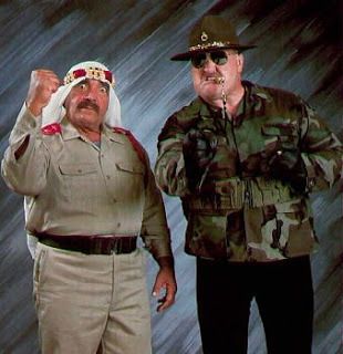 Whether politically correct or not, professional wrestling allows the viewer to “play out” emotionally charged international conflicts such as those that occurred in the 1980s and early 1990s between the United States (represented by Sgt. Slaughter, right) and Iran or Iraq (represented by The Iron Sheik, left).
