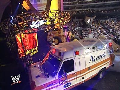 The ringside ambulance is often included in pro wrestling matches to depict scripted injuries which are expected and viewed by fans in a manner similar to that of watching an action movie.