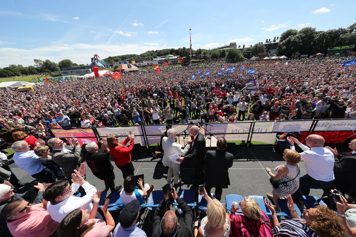 <strong>Labour leader Jeremy Corbyn addresses the crowd during the Durham Miners' Gala at Durham Old Racecourse.</strong>