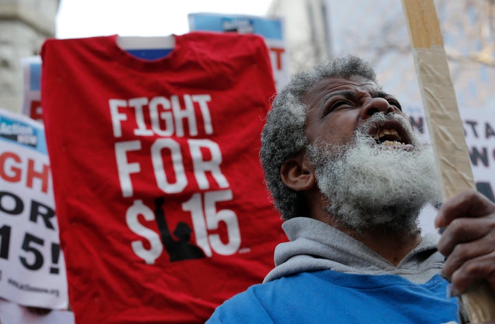 Fast-food workers with the "Fight for $15" campaign have demanded a $15 minimum wage and union representation.