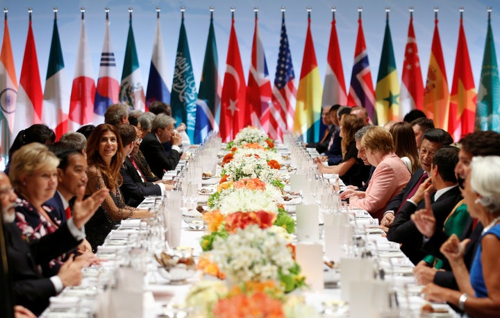 Leaders attend the G-20 summit dinner in Hamburg, Germany, on Friday. The pope criticized the U.S. and Russia, among other countries, for having a “distorted vision of the world.”