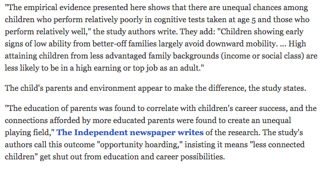 From Why rich kids do better than smarter, less advantaged kids: ‘opportunity hoarding’