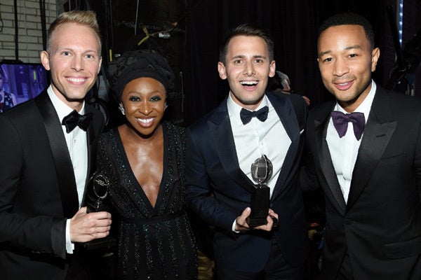 Justin Paul, Cynthia Erivo, Benj Pasek and John Legend backstage at the 2017 Tony Awards