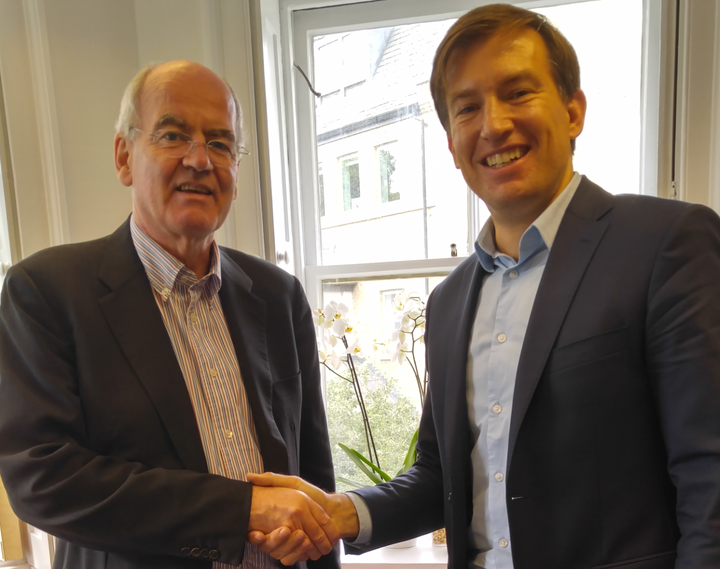 <p>John Elkington (left) and Adam Sulkowski (right) at the Volans office in London, June 23, 2017.</p>