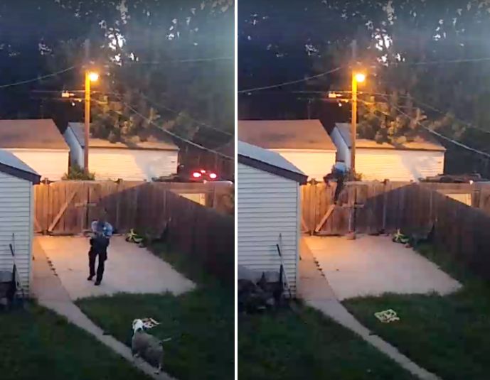 Surveillance images show a man identified as a Minneapolis police office shooting a dog that approached him in the backyard of a private residence. The man then exits by climbing the back fence.