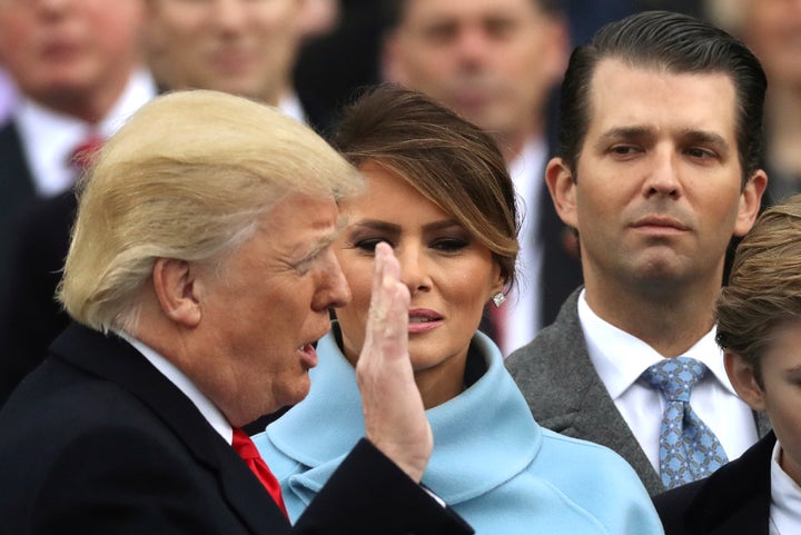 Donald Trump Jr. watches as his father, Donald Trump, is sworn in as the 45th president of the United States.
