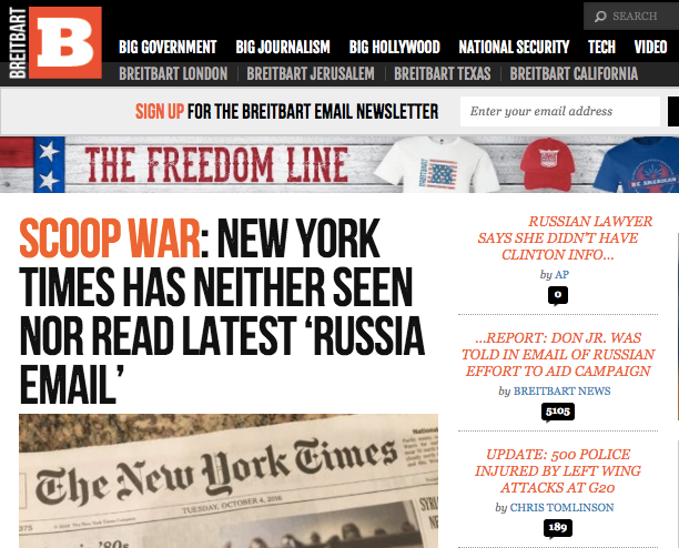 Breitbart News downplayed The New York Times' Monday scoop.