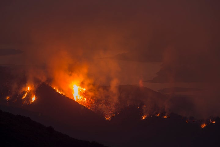 The Whittier fire burns next to Lake Cachuma on July 9 near Santa Barbara, California.