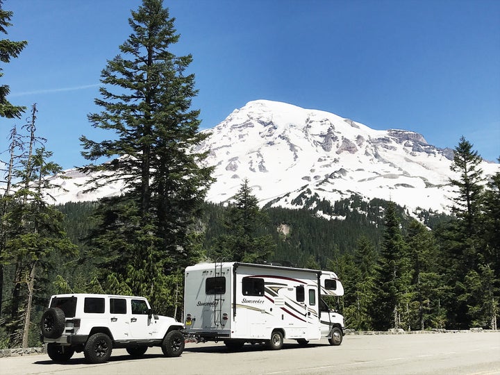 Driving through Mount Rainier National Park in June