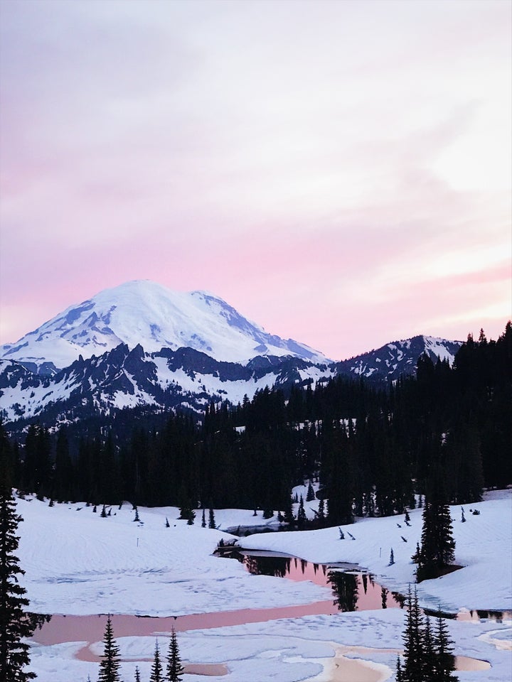 <p>Sunrise overlooking Tipsoo Lake, Mount Rainier National Park</p>
