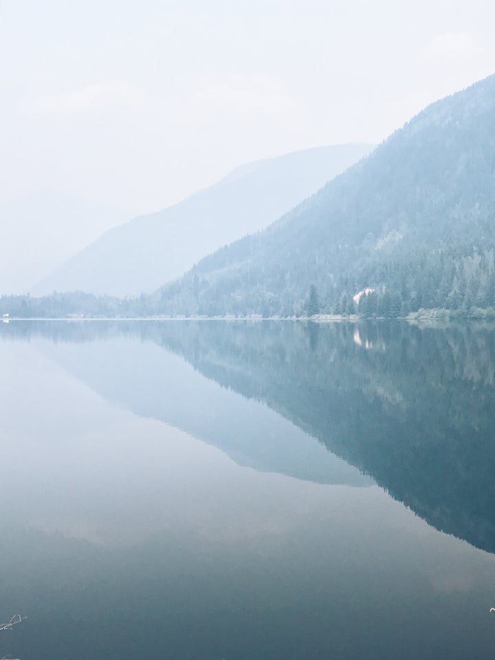 A reflection through the smog at Three Valley Lake, resulting from >200 forest fires across British Columbia