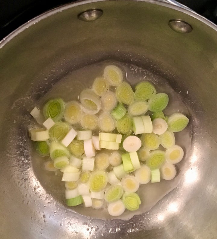 In butter and a little water, the sliced leeks take next to no time to cook