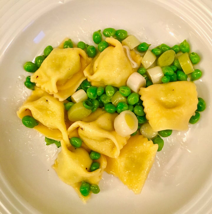 Peas and the summer’s first leeks with ricotta-pea-mint agnolotti/ravioli