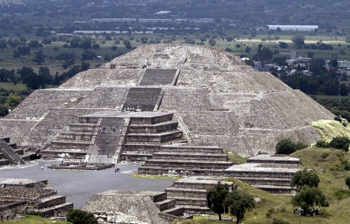 An aerial view of The Pyramid of the Moon at Mexico's Teotihuacan archeological ruins 