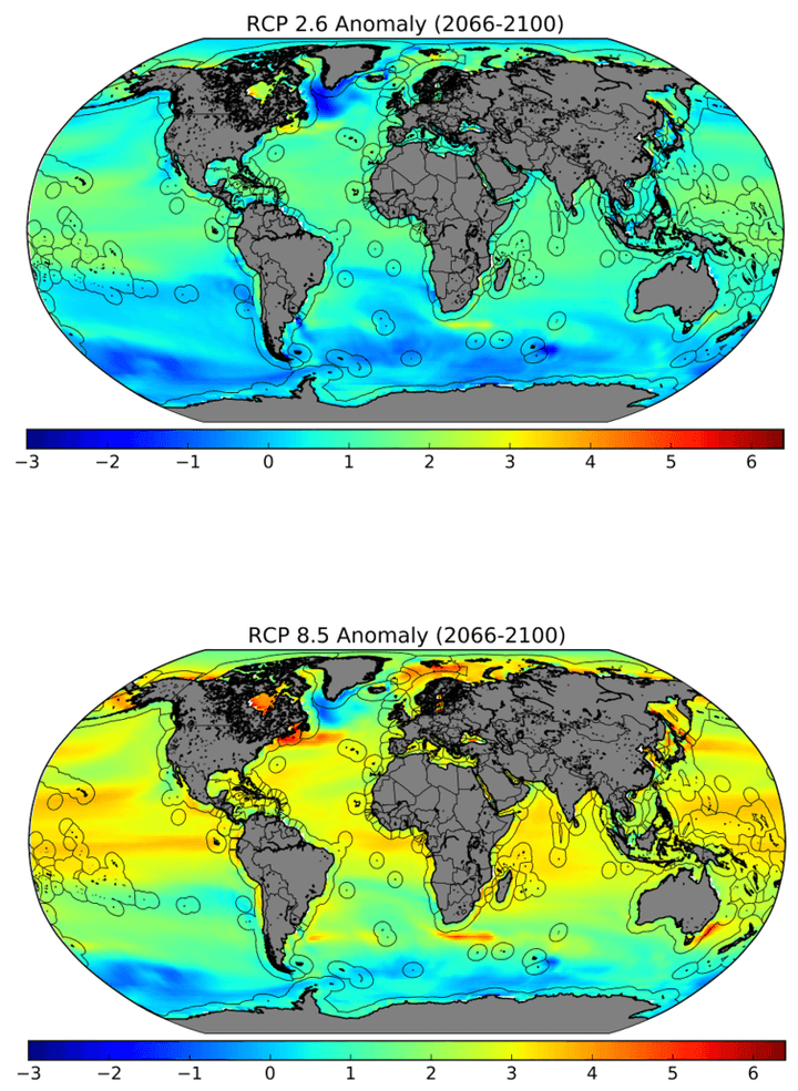 Projected sea temperatures, best- and worst-case scenarios. Black outlines show Exclusive Economic Zones, where the vast majo