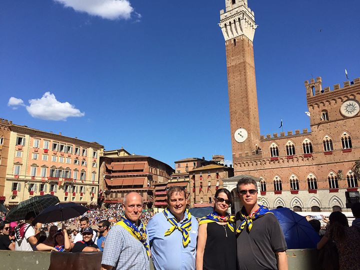 Here we are sporting Tartuca blue and gold as we entered the Piazza del Campo for last Sunday’s race 
