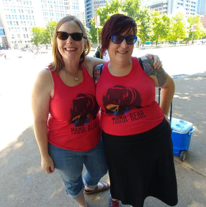 My sister-in-law and I in our matching shirts.