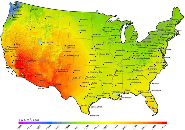 Solar resources available across the United States. Florida ranks among the sunniest states.