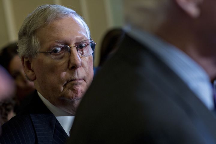 Senate Majority Leader Mitch McConnell (R-Ky.) attends a news conference after a weekly GOP luncheon meeting at the Capitol on Tuesday. McConnell is expected to release a revised health care bill Thursday.