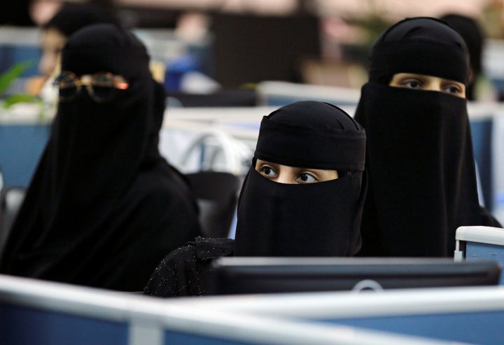 Women sit during a visit by First lady Melania Trump at GE All women business process service center in Riyadh, Saudi Arabia,