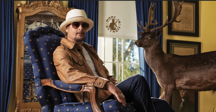 Kid Rock sits on a star-spangled chair in a website promoting his supposed campaign for U.S. Senate. Yep, this is where we're at in America.