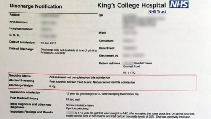Luana Gomes discharge form from Kings College Hospital