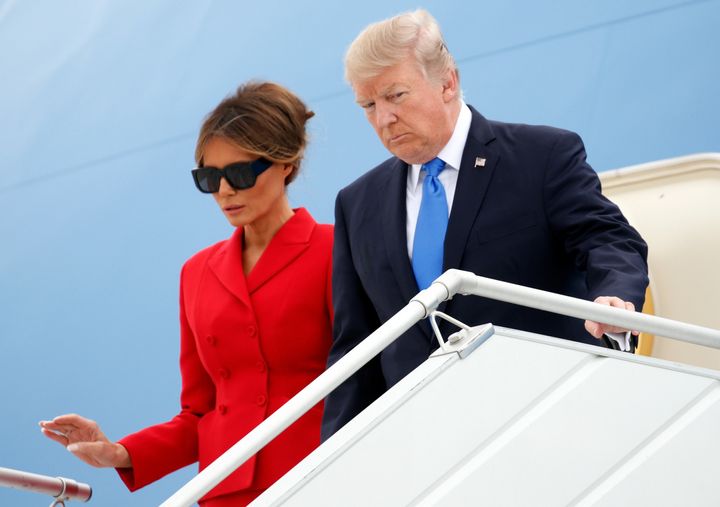 President Donald Trump and First Lady Melania Trump arrive aboard Air Force One at Orly airport near Paris on Thursday.