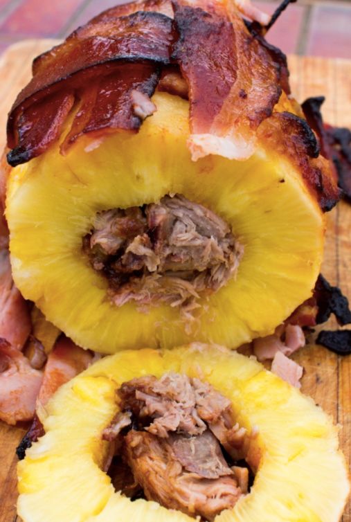 A bacon-wrapped pineapple stuffed with pork. Also known as a Swineapple.