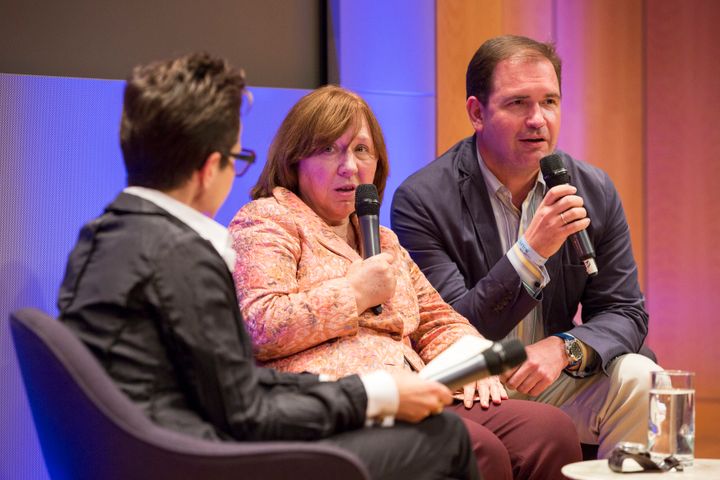 Anatoli Samochornov (right) interprets at a New York Public Library event with journalists Masha Gessen and Svetlana Alexievich in 2016.