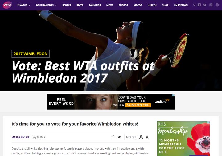 A screenshot of the WTA website.
