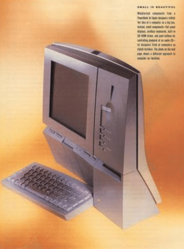 <p>In 1995, Apple designers began to rethink the idea of a computer as a big box. <em>Macworld</em> wrote at the time: “Instead, small components—flat-panel displays, cordless keyboards, built-in CD-ROM drives, and push buttons for controlling playback of an audio CD—let designers think of computers as stylish furniture.” (<a href="https://archive.org/details/MacWorld_9505_May_1995" target="_blank" role="link" rel="nofollow" class=" js-entry-link cet-external-link" data-vars-item-name="Macworld" data-vars-item-type="text" data-vars-unit-name="59678377e4b0524d8fa7fb5c" data-vars-unit-type="buzz_body" data-vars-target-content-id="https://archive.org/details/MacWorld_9505_May_1995" data-vars-target-content-type="url" data-vars-type="web_external_link" data-vars-subunit-name="article_body" data-vars-subunit-type="component" data-vars-position-in-subunit="10">Macworld</a><a href="https://archive.org/details/MacWorld_9505_May_1995" target="_blank" role="link" rel="nofollow" class=" js-entry-link cet-external-link" data-vars-item-name=" / Internet Archive" data-vars-item-type="text" data-vars-unit-name="59678377e4b0524d8fa7fb5c" data-vars-unit-type="buzz_body" data-vars-target-content-id="https://archive.org/details/MacWorld_9505_May_1995" data-vars-target-content-type="url" data-vars-type="web_external_link" data-vars-subunit-name="article_body" data-vars-subunit-type="component" data-vars-position-in-subunit="11"> / Internet Archive</a>)</p>