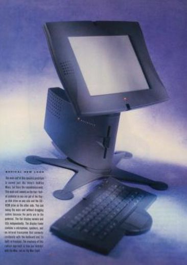 “The display frame contains a microphone, speakers, and an infrared transceiver that connects cordlessly with the keyboard and its built-in trackpad,” Macworldwrote of this prototype in 1995. (Macworld / Internet Archive)