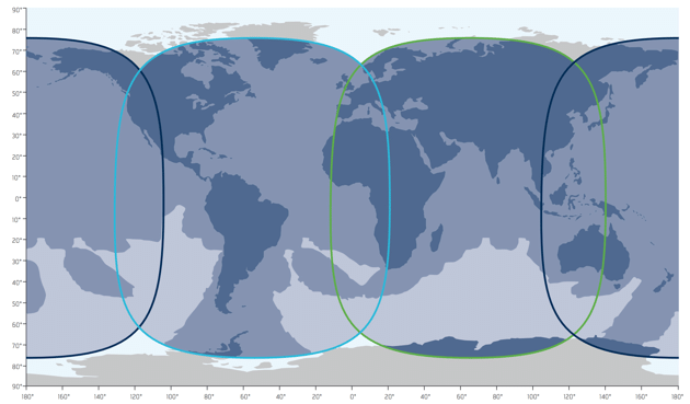 <p>Inmarsat-5 satellite coverage. Dark blue: Pacific Ocean Region (POR); light blue: Atlantic Ocean Region (AOR); and green: Indian Ocean Region (IOR).</p>