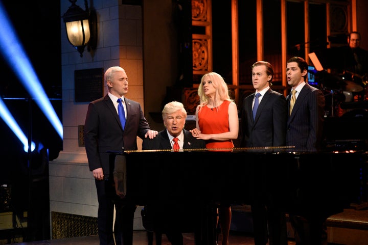 Beck Bennett as Vice President Pence, Alec Baldwin as President Donald J. Trump, Kate McKinnon as Kellyanne Conway on "Saturday Night Live." 