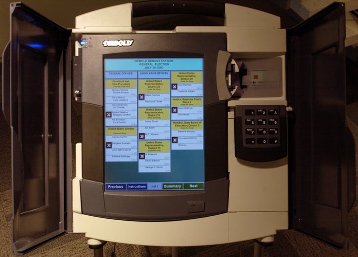 A Diebold electronic voting machine is demonstrated in New York in 2004.