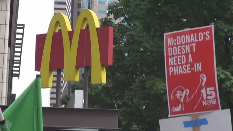 Minimum-wage demonstration in downtown Seattle, 2014