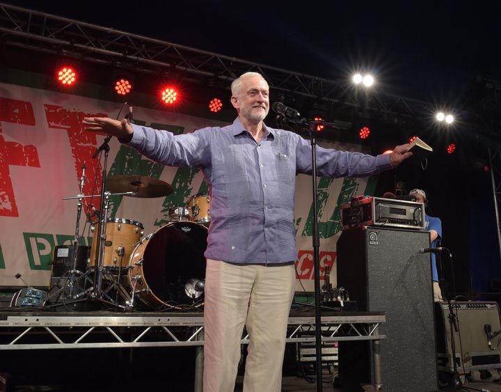 <strong>Jeremy Corbyn addresses the crowd from the stage at LeftField at Glastonbury Festival.</strong>